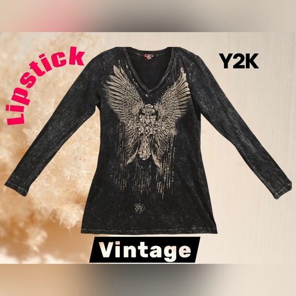 LIPSTICK SZ L Biker Punk Goth V-Neck Long Sleeve Cross Wings Embellished Shirt - Picture 1 of 10